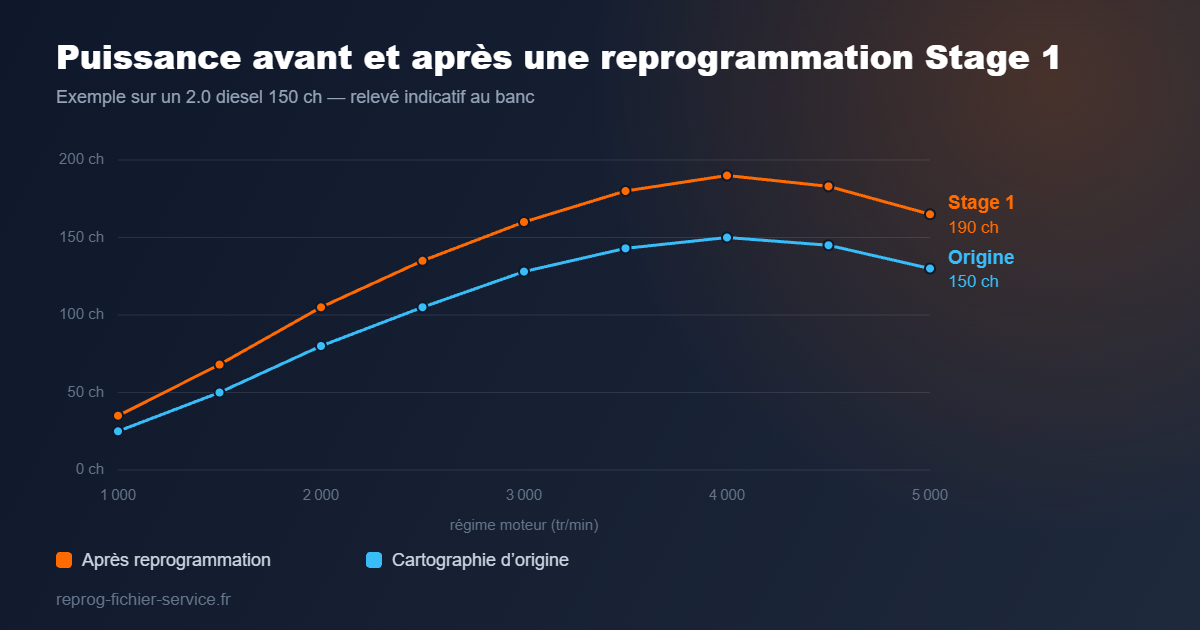 FAQ reprogrammation moteur : courbe de puissance avant et après un Stage 1
