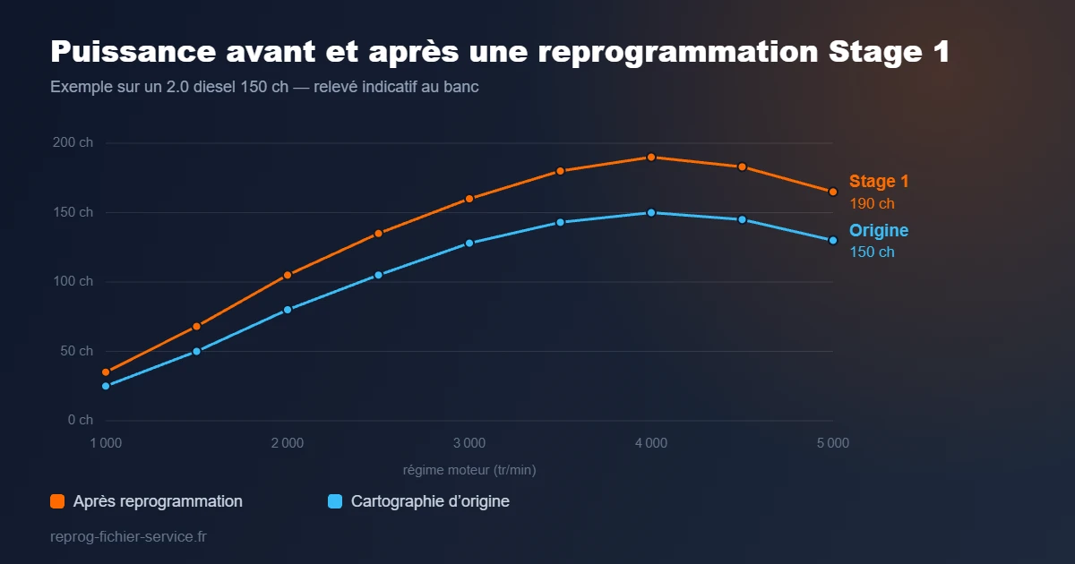 Fichier de reprogrammation moteur : courbe de puissance avant et après optimisation
