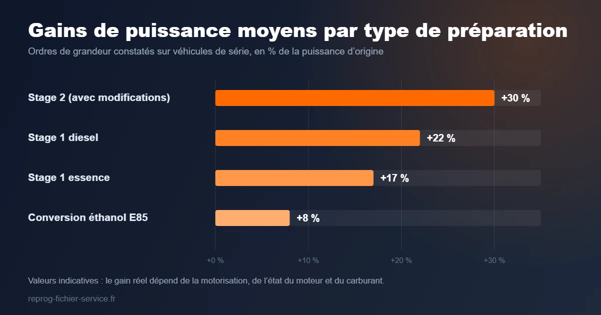 Gains moyens par type de fichier de reprogrammation moteur : Stage 1, Stage 2 et E85